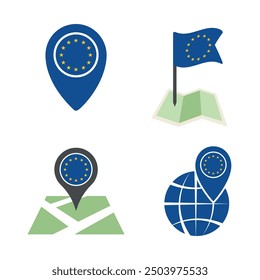 European Union map pointer icons set, symbols of EU flag