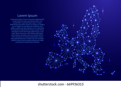 European Union map of polygonal mosaic lines network, rays and space stars of vector illustration.