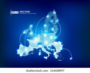 European Union map polygonal with spot lights places