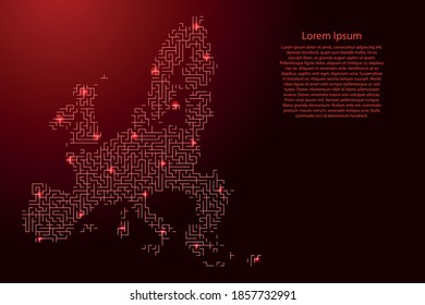 European Union map from red pattern of the maze grid and glowing space stars grid. Vector illustration.