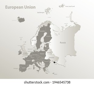 European Union map, separates Europe states with names, card paper 3D natural vector