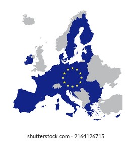 Mapa de la Unión Europea con estrellas de la Unión Europea. Mapa de los estados miembros después del Brexit. Ilustración del vector aislada en fondo blanco