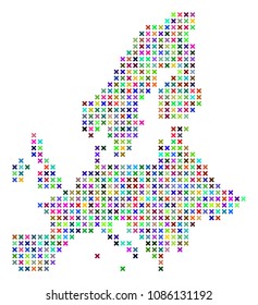 European Union map. Vector concept of geographic plan. Regular pattern is created from x-cross pixels in random colors.