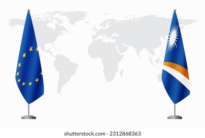 European Union and Marshall Islands flags for official meeting against background of world map.