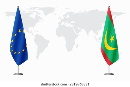 European Union and Mauritania flags for official meeting against background of world map.