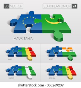 European Union and Mauritania, Mali, Niger, Nigeria, Senegal Flag. 3d vector puzzle. Set 24.