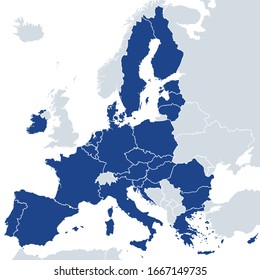 European Union member states after Brexit, political map. The 27 EU member states, after United Kingdom left in 2020. Special member state territories are not included in the map. Illustration. Vector