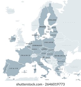 European Union, member states of the EU, gray political map. Economic and political union of 27 member states. Map with single countries, labeled in english, and with international borders. Vector