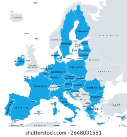 European Union, member states of the EU, political map. Economic and political union of 27 member states, colored in blue. Map with single countries with international borders, labeled in English.