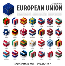 European union and membership . EU . 3D Cubic flag isometric top design . Vector .