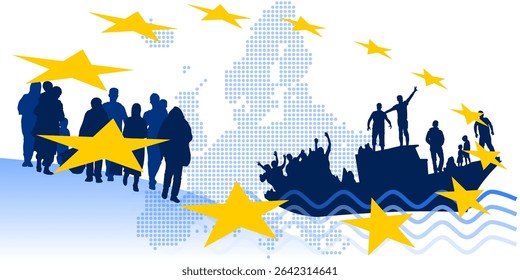 The European Union and the migratory flow with a boat and a map