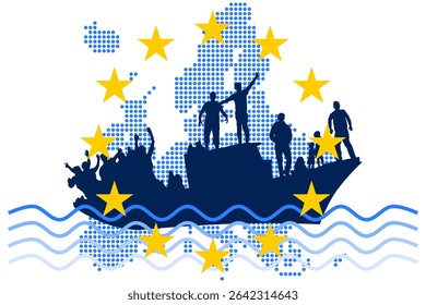 The European Union and the migratory flow with a boat and a map