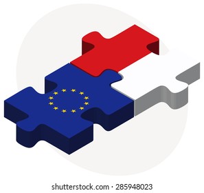 European Union and Monaco Flags in puzzle isolated on white background 