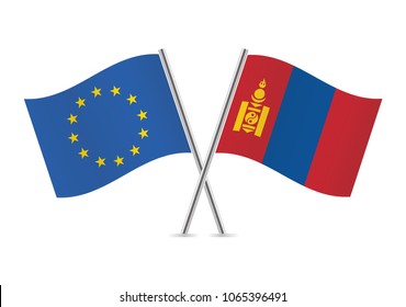 European Union and Mongolia crossed flags. EU and Mongolian flags on white background. Vector icon set. Vector illustration.