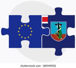 European Union and Montserrat Flags in puzzle isolated on white background 