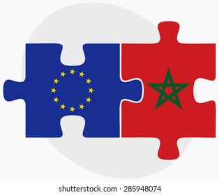 European Union and Morocco Flags in puzzle isolated on white background 