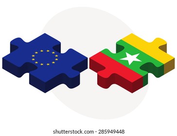 European Union and Myanmar Flags in puzzle isolated on white background 