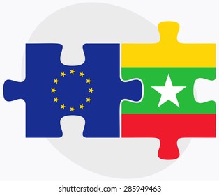 European Union and Myanmar Flags in puzzle isolated on white background 