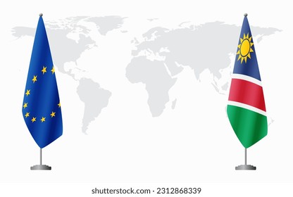 European Union and Namibia flags for official meeting against background of world map.