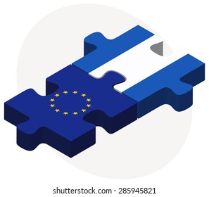 European Union and Nicaragua Flags in puzzle isolated on white background 