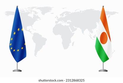 European Union and Niger flags for official meeting against background of world map.