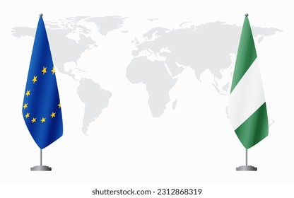 European Union and Nigeria flags for official meeting against background of world map.