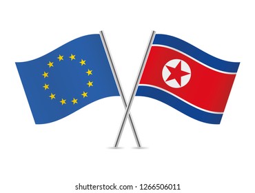 European Union and North Korea crossed flags. EU and North Korean flags on white background. Vector icon set. Vector illustration.
