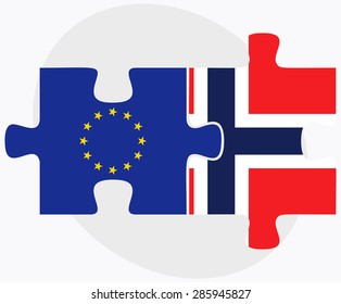 European Union and Norway Flags in puzzle isolated on white background 