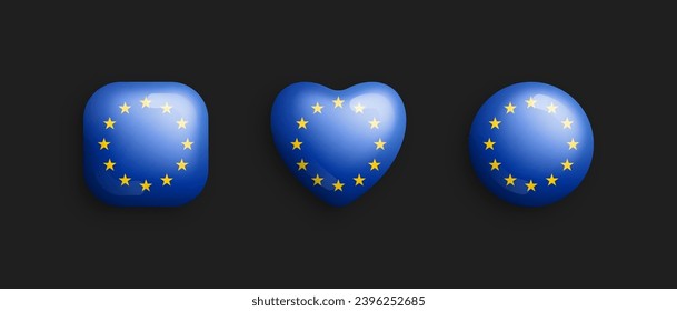 European Union Official Flag 3D Vector Glossy Icons In Rounded Square, Heart And Circle Shape Isolate On Background. EU Sign And Symbols Graphic Design Elements Volumetric Buttons Collection