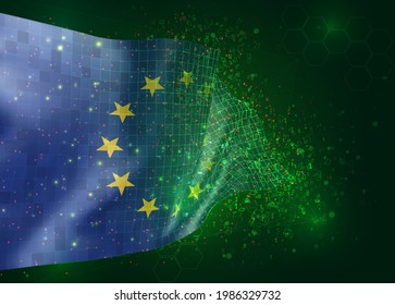 European Union, on vector 3d flag on green background with polygons and data numbers