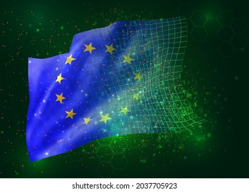 Unión Europea, sobre el pabellón vectorial 3d sobre el fondo verde con polígonos y números de datos