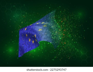 Unión Europea, sobre el pabellón vectorial 3d sobre el fondo verde con polígonos y números de datos