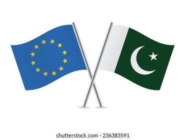 European Union and Pakistan crossed flags. EU and Pakistani flags on white background. Vector icon set. Vector illustration.