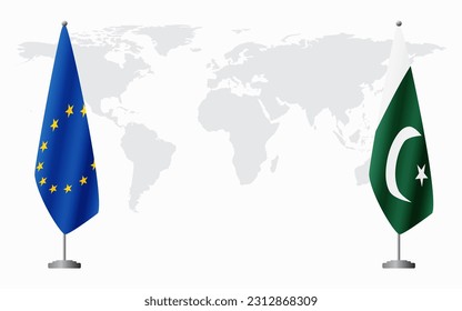 European Union and Pakistan flags for official meeting against background of world map.