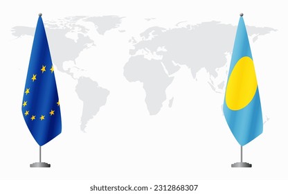European Union and Palau flags for official meeting against background of world map.