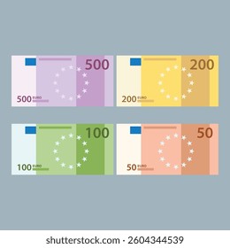 European Union paper money fifty, one hundred, two hundred, five hundred euros. stock illustration