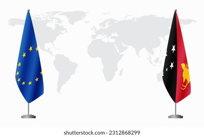 European Union and Papua New Guinea flags for official meeting against background of world map.