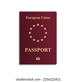 European Union passport front cover template. Vector passport front with red cover. International travel id.