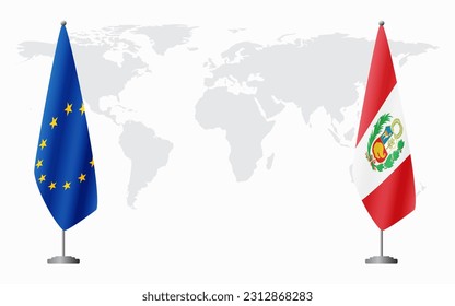 European Union and Peru flags for official meeting against background of world map.