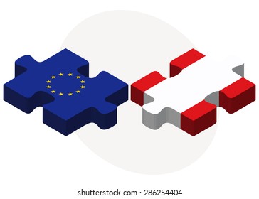 European Union and Peru Flags in puzzle isolated on white background