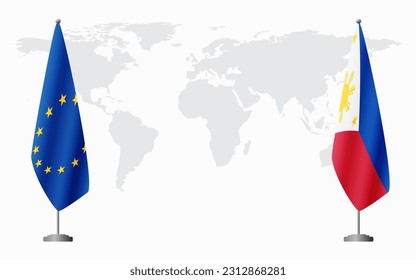 European Union and Philippines flags for official meeting against background of world map.