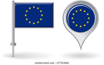 European Union pin icon and map pointer flag. Vector