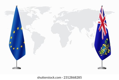 European Union and Pitcairn Islands flags for official meeting against background of world map.