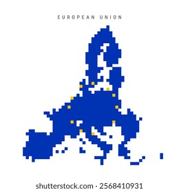 European Union pixel flag map icon. 8 bit pixel art EU map covered with flag. Flat vector illustration isolated on white background.