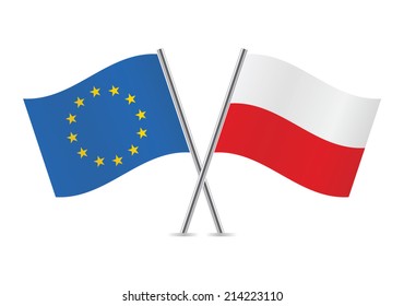 European Union and Poland crossed flags. EU and Polish flags on white background. Vector icon set. Vector illustration.