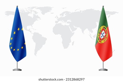 European Union and Portugal flags for official meeting against background of world map.