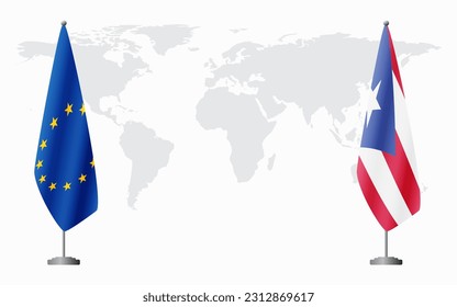 European Union and Puerto Rico flags for official meeting against background of world map.