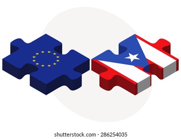 European Union and Puerto Rico Flags in puzzle isolated on white background