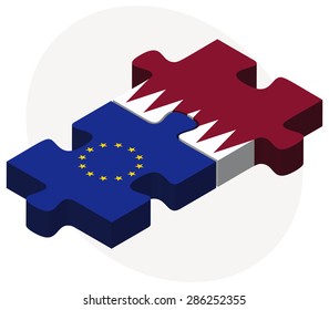 European Union and Qatar Flags in puzzle isolated on white background