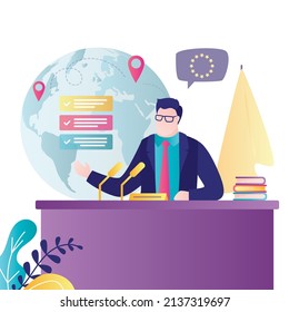 European Union Representative Delivering Speech. Politician Announces The List Of Tasks To Colleagues. Diplomat Speaks At International Conference. Diplomatic Meeting. Flat Vector Illustration